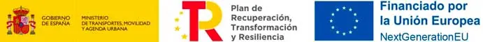 Logotipos y texto: Gobierno de España, Ministerio de Transportes, Movilidad y Agenda Urbana, un plan de recuperación y financiación de la UE en el marco de la iniciativa NextGenerationEU.